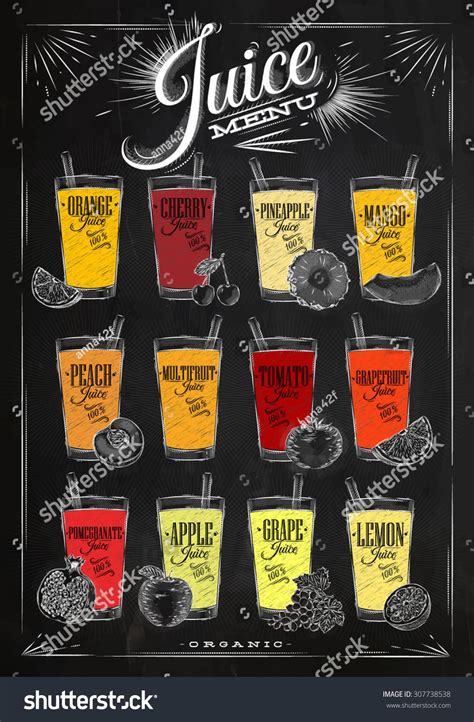 Poster juice menu with glasses of different juices drawing with chalk on the blackboard Juice ...