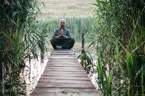 Meditation in nature in summer, quiet morning for practice. Everything for mind and health Stock ...