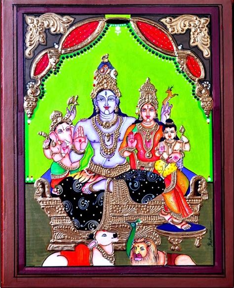 Shiva Family-Tanjore Painting (16"x20") - International Indian Folk Art Gallery