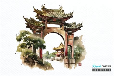 Watercolor Chinese Gate PNG Clipart