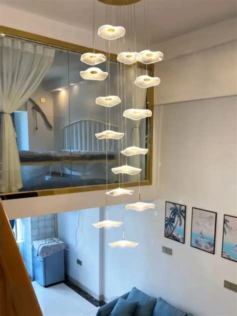 Lotus Leaf Ladder Chandelier,Stair Chandelier，Living Room,Hotel, Creative LED Lamp， Remote ...