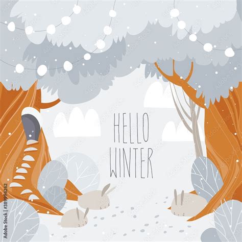 Cartoon winter forest with big trees and cute rabbits Stock Vector ...