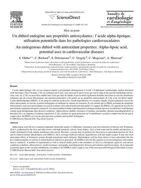 (PDF) [An endogenous dithiol with antioxidant properties: alpha-lipoic acid, potential uses in ...