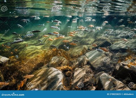 Close-up of a Freshwater Ecosystem, with Schools of Fish Swimming in Crystal Clear Water Stock ...