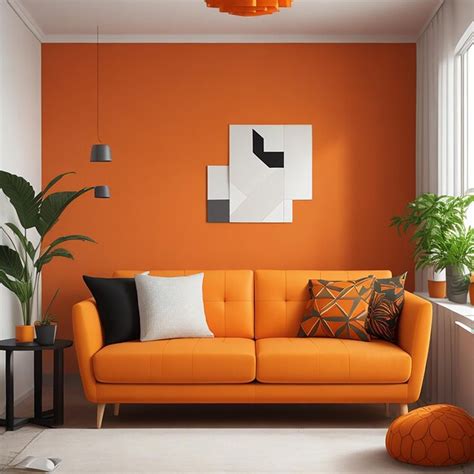 Premium AI Image | Modern living room interior with orange sofa plant and geometric pattern ...