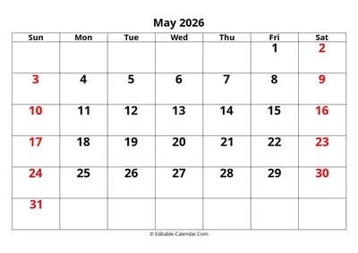 Download Editable Calendar May 2026, weeks start on Sunday