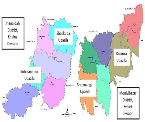 Map of Jhenaidah and Moulvibazar districts with study Upazilas identified. | Download Scientific ...