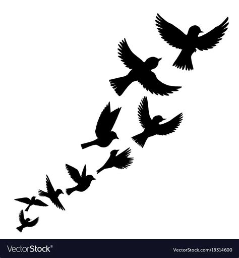 Bird flock, vector flying birds silhouettes, hand drawn songbirds ...