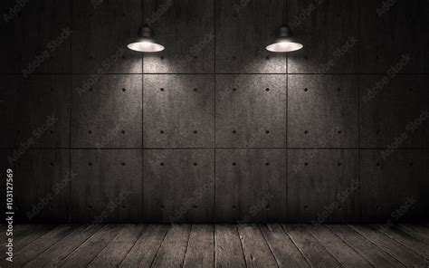 industrial grunge background with lighting ceiling lights, dark room ...