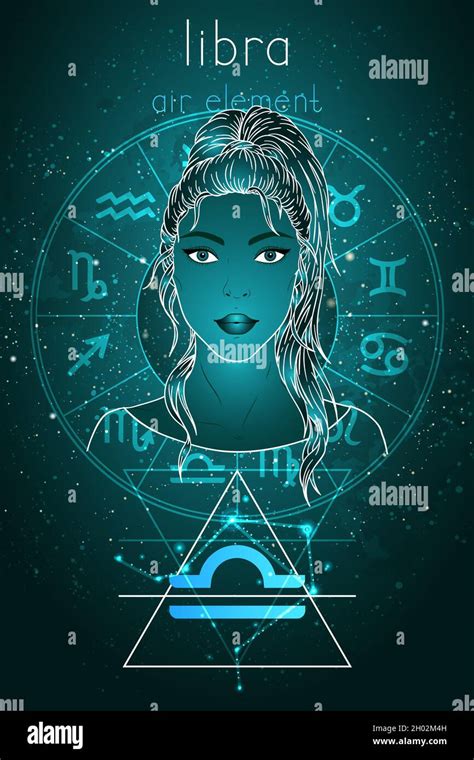 Vector illustration of Libra zodiac sign, constellation and portrait beautiful girl on abstract ...