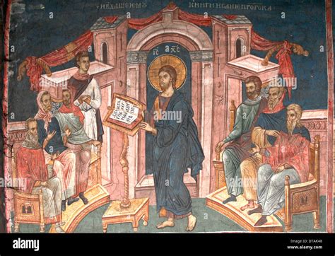 Christ in the synagogue of Nazareth, ca 1350. Artist: Anonymous Stock Photo - Alamy