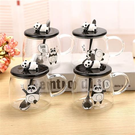 Panda Cup, Cute Glass Panda Teacups, Panda Glass Coffee Cups with Lid