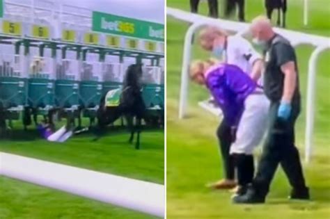 Jockey Saffie Osborne receives medical treatment after being dragged under stalls by horse at ...