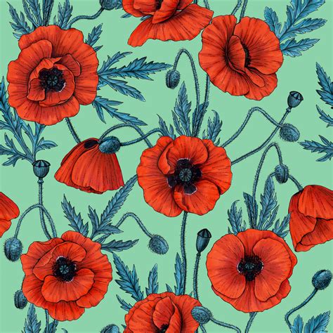 Poppies Red and Blue on Jade Wallpaper - Buy Online | Happywall