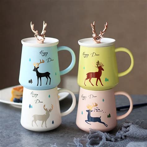 350ml Creative Ceramic Coffee Mug with Lid Deer Milk Tea Cup Travel ...