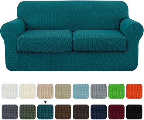 Subrtex 3-Piece High Spandex Textured Grid Sofa Slipcover, Separate Cushion Cover(Turquoise ...