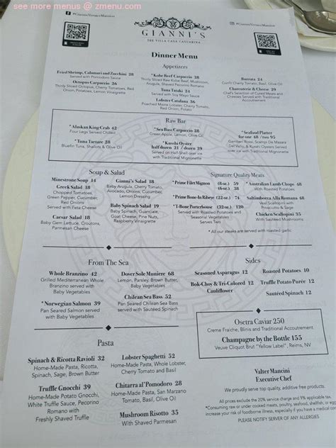 Menu at Gianni's At The Former Versace Mansion restaurant, Miami Beach