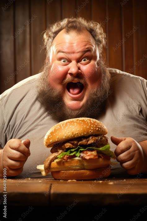 Funny fat man eating a huge burger. Generative AI Stock Photo | Adobe Stock