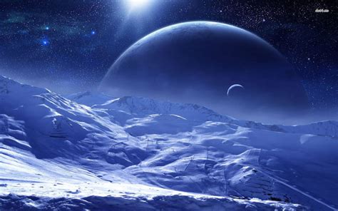 an artist's rendering of a planet in the sky with mountains and stars around it