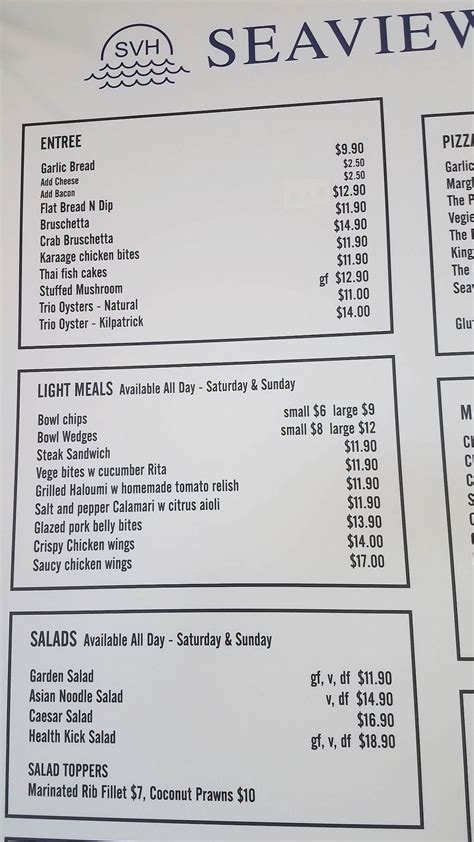 Menu at Seaview Hotel pub & bar, Townsville