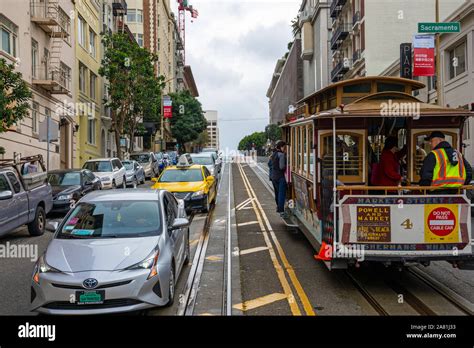 SAN FRANCISCO - February 08, 2019: Cable car on San Francisco streets ...