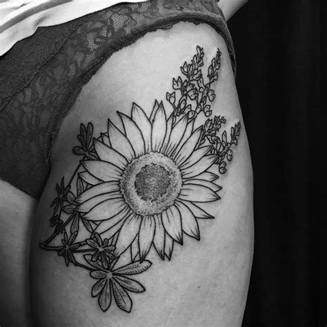 sunflower & lupine upper thigh tattoo #ThighTattooIdeas | Upper thigh ...