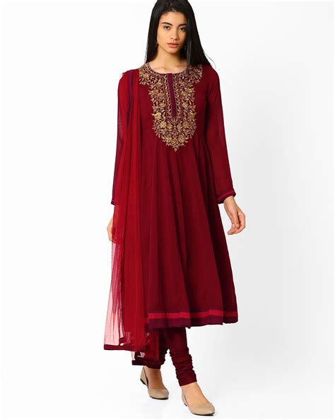 Buy Maroon AJIO Kalidar Churidar Kurta with Dupatta | AJIO Designer Salwar Suits, Designer ...