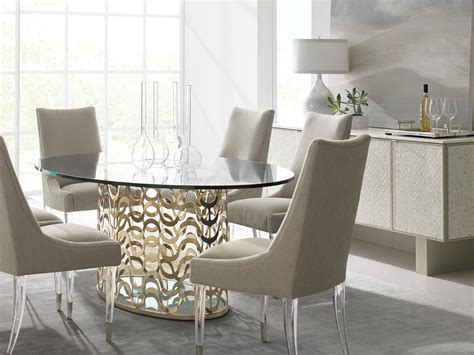 LOUIS 7 pieces Modern Dining Room Set - GOLD Oval Glass Top Table & Gray Chairs - Dining Sets