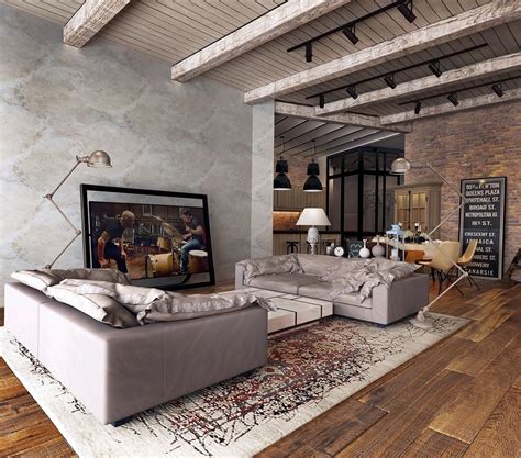 exposed ceiling beams rustic industrial living room | Interior Design Ideas