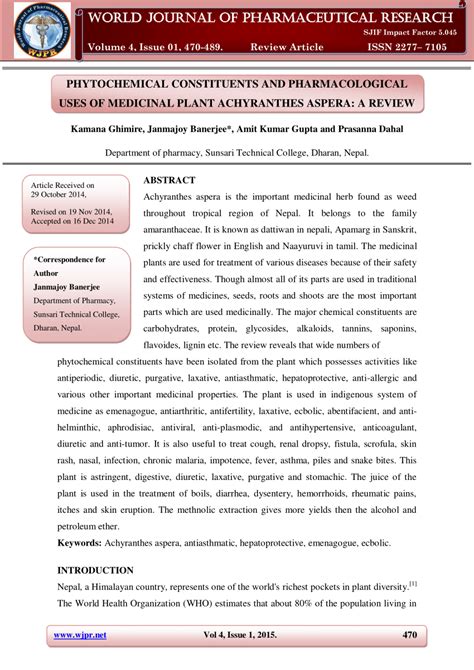 (PDF) PHYTOCHEMICAL CONSTITUENTS AND PHARMACOLOGICAL USES OF MEDICINAL PLANT ACHYRANTHES ASPERA: