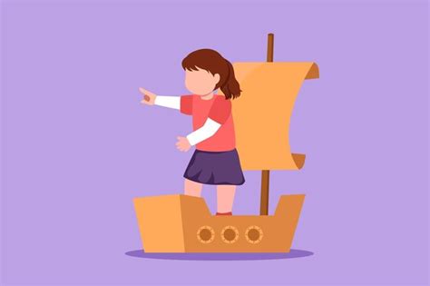 Premium Vector | Character flat drawing pretty little girl playing sailor with boat made of ...