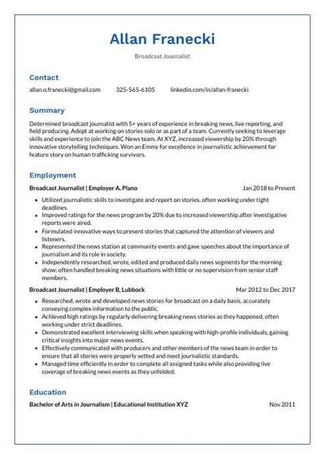 Broadcast Journalist Resume (CV) Example and Writing Guide