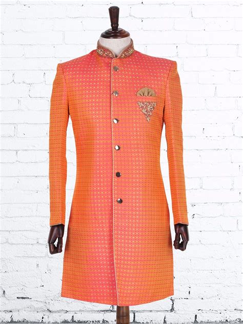 Jamawar Alluring Orange Indo Western Men Wedding Attire Guest, Wedding Dresses Men Indian ...