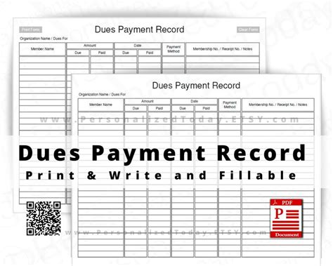 Dues Payment Record Fillable and Print and Write PDF Files US - Etsy