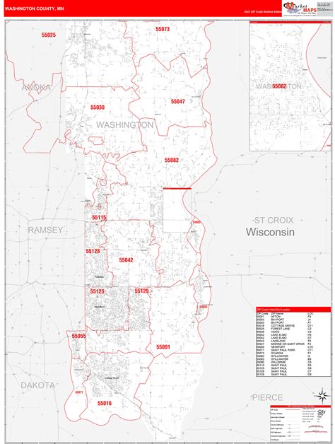 Washington County, MN Zip Code Wall Map Red Line Style by MarketMAPS - MapSales