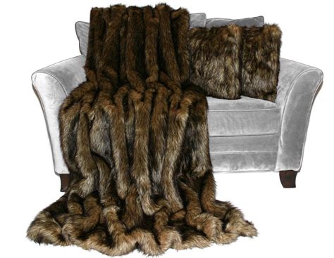 Hand Made Premium 60x84 Wolf Brown Black Faux Fur Throw Blanket And 18x18 Decorative Pillow Set ...