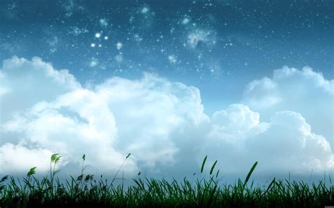 Wallpaper : sunlight, digital art, nature, grass, sky, plants, field, stars, clouds, space art ...