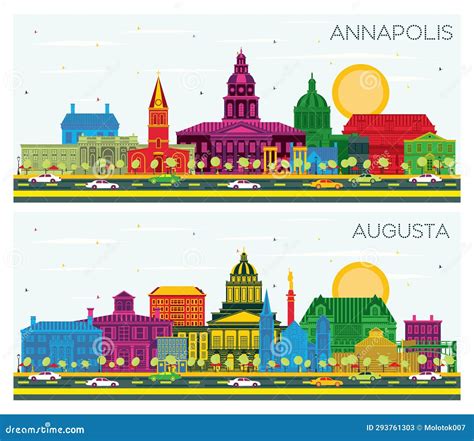 Augusta Maine and Annapolis Maryland City Skyline Set with Color Buildings and Blue Sky ...