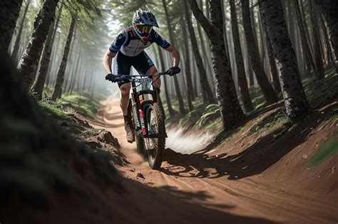 Premium AI Image | A mountain biker rides through a forest with trees ...