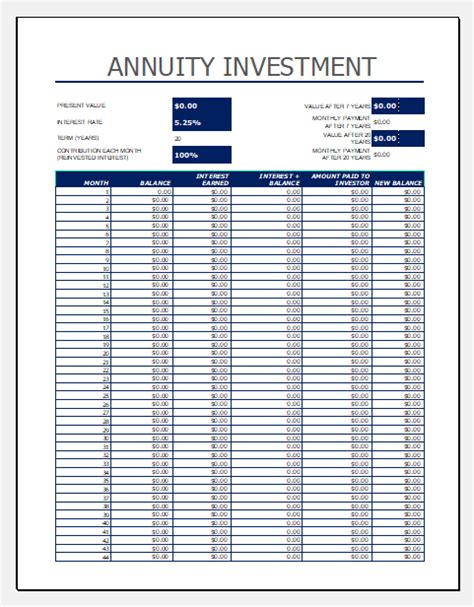 Annuity Investment Calculator Template for MS Excel | File