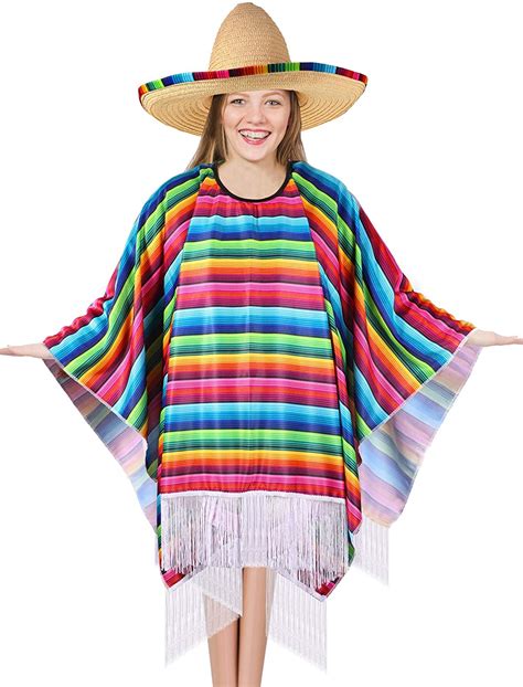 SATINIOR Mexican Serape Poncho Costume Mexican Sombrero with Rainbow Serape Edge and Band (Adult ...