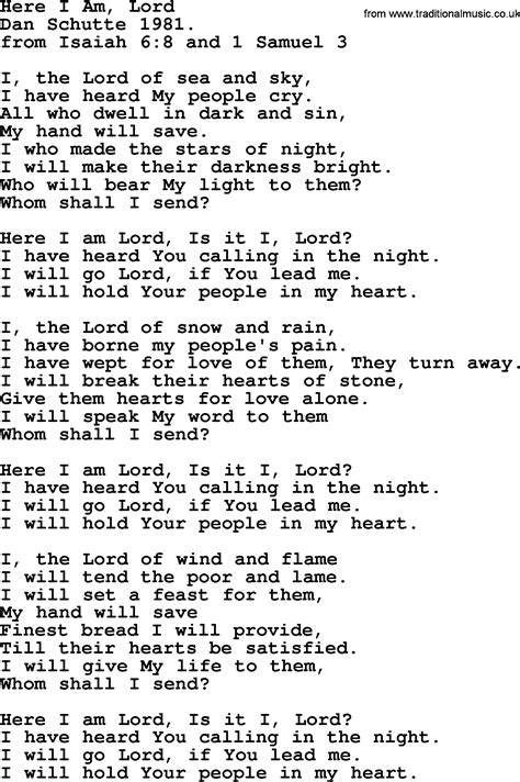 Most Popular Church Hymns and Songs: Here I Am, Lord - Lyrics, PPTX and PDF