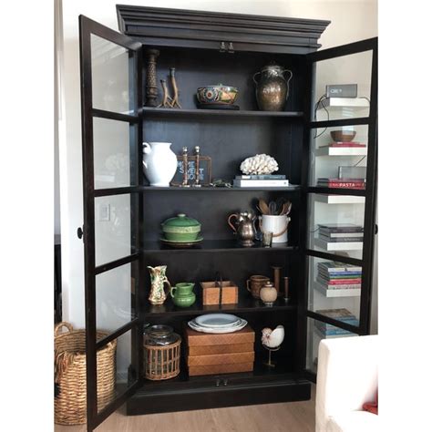 Transitional Tall Black Glass Front Cabinet With Iron Hardware | Chairish