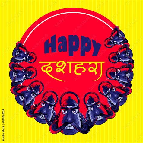 Happy Dussehra festival celebration background with funny face of Demon Ravana with his ten ...