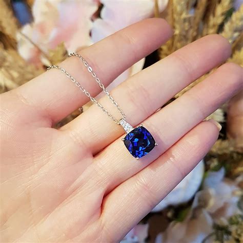 Genuine lab grown Royal Blue cushion cut sapphire necklace, square cushion sapphire pendant ...