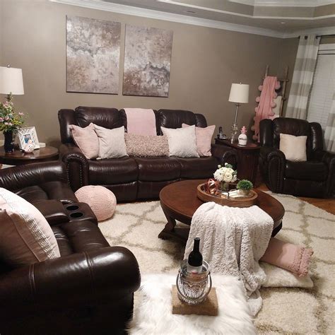 Dark Leather Furnture with Blush Accents | Winter Decor | Pink living room decor, Brown living ...