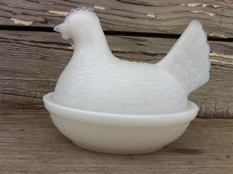 antique milk glass chicken dish / milk glass butter dish