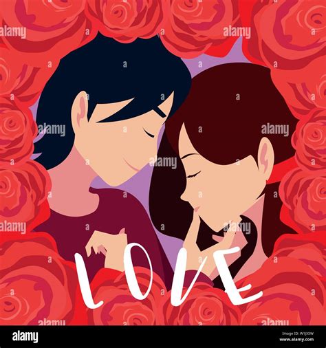 young couple in love poster with frame of roses vector illustration ...