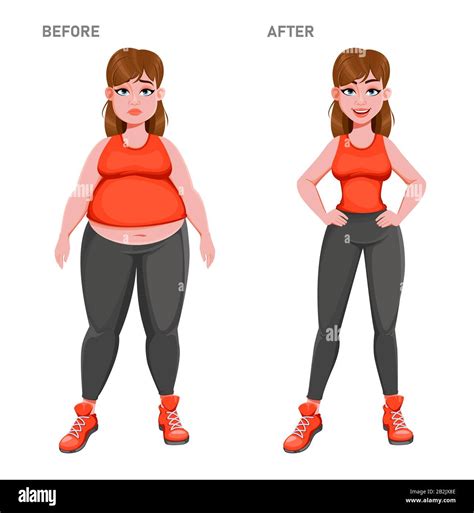 Nice girl before and after weight loss. Overweight and slim woman cartoon character. Stock ...