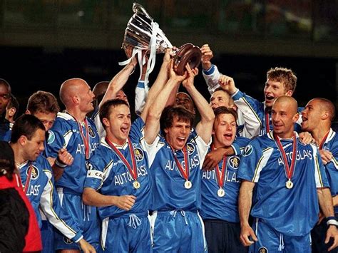 Chelsea lift the European Cup Winners Cup trophy after beating VFB Stuttgart in May 1998 ...